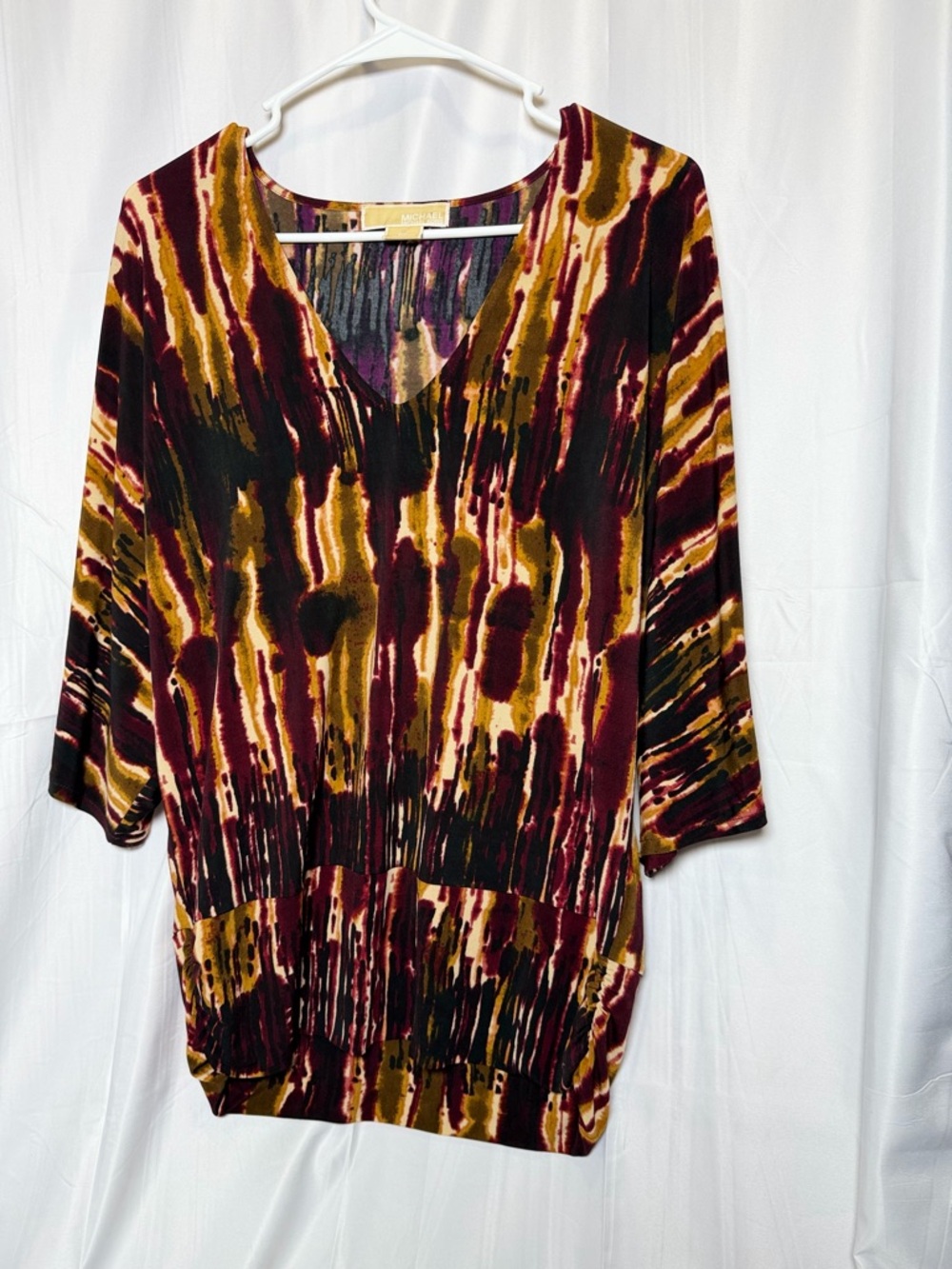 Michael Kors Marbled V-Neck Tunic in Burgundy, Olive and Black